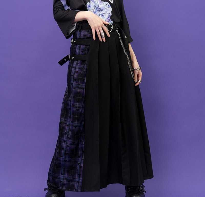 Dangerous Lover Heart Mesh Plaid Waistband Pleated Maxi Skirt Jirai Punk ACDC RAG Taiwan JA0606 - กระโปรง - เส้นใยสังเคราะห์ 