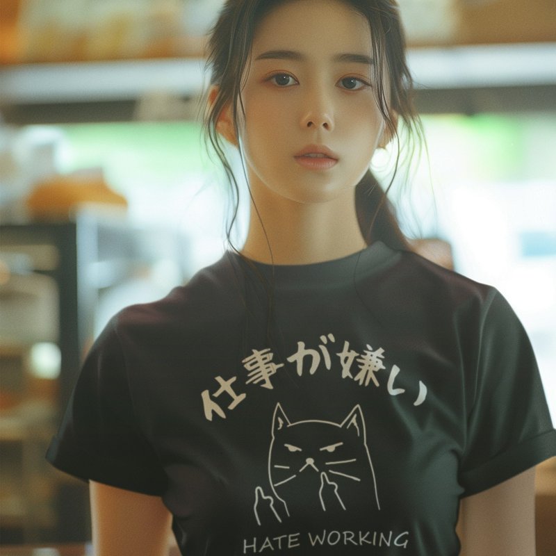 Japanese Hate Working unisex Black t shirt - เสื้อยืดผู้หญิง - ผ้าฝ้าย/ผ้าลินิน สีดำ