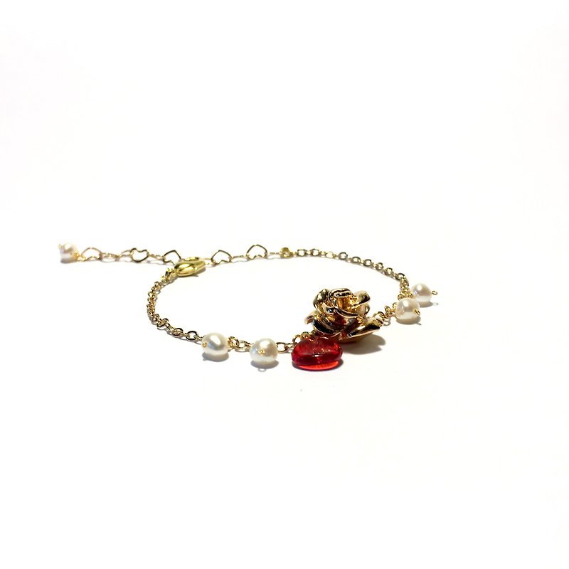 【若桑】【小王子。Le Petit Prince】玫瑰與珍珠。鍍金手鏈 - 手鍊/手環 - 寶石 紅色