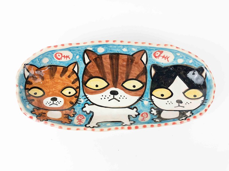 Nice Little Clay handmade six-legged three cats no expression 0305-14 - Small Plates & Saucers - Pottery Multicolor