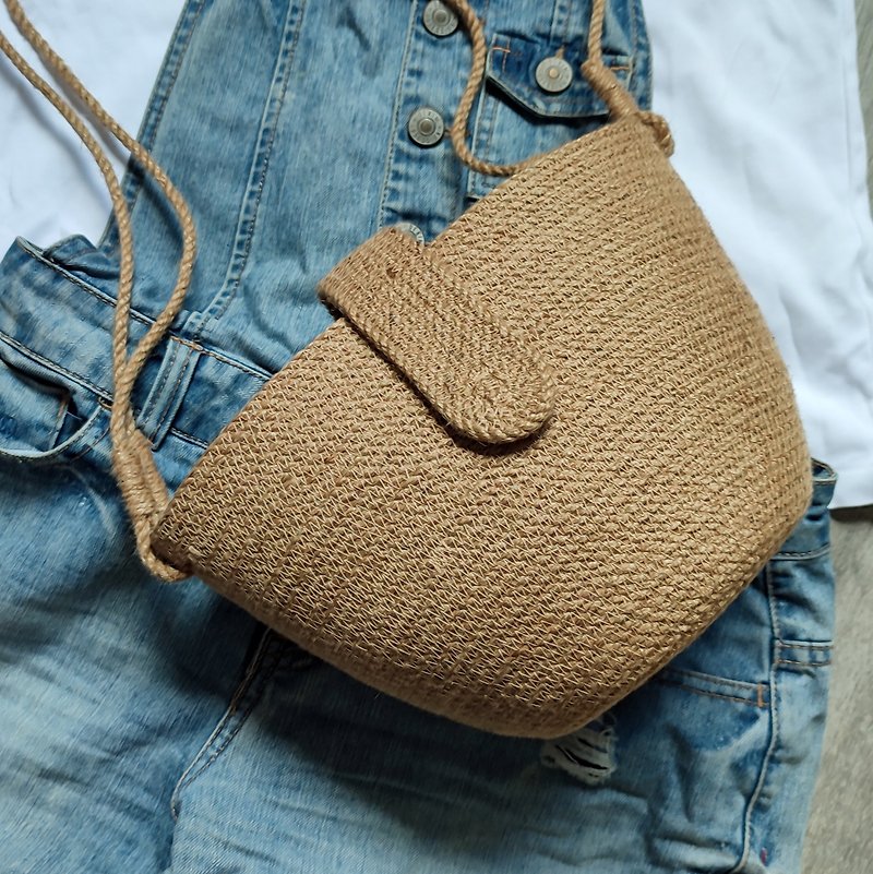 French Basket , small jute shoulder bag , Woven bag , Wicker jute bag - Handbags & Totes - Cotton & Hemp Khaki