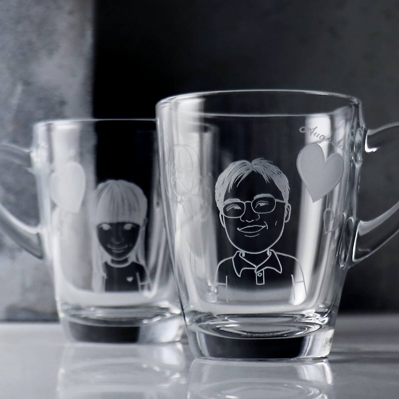 (One pair price) 320cc [Student couple pair cups] (Simplified version) Q version portrait mug Valentine's Day - Customized Portraits - Glass Gray