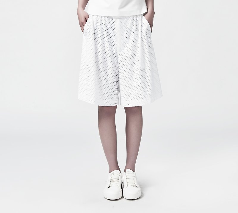 洞洞籃球拳擊褲- 泉設計運動褲款雙層透氣布料 - 女長褲 - 棉．麻 白色