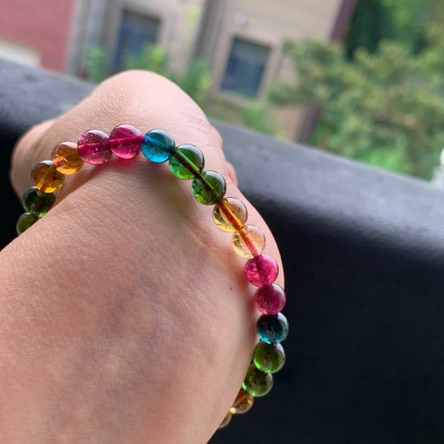 天然ブラジル産マルチカラートルマリンブレスレット、希少なオールド