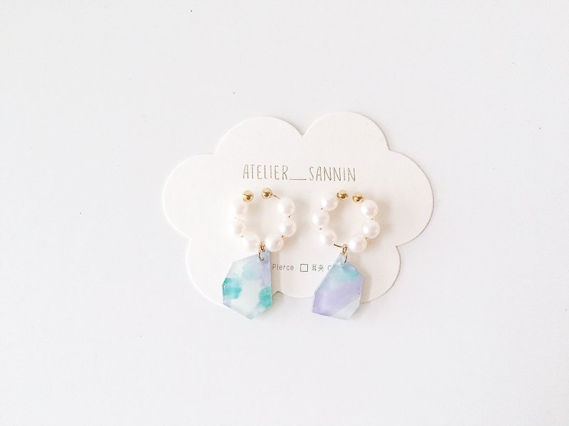 Soft candy series - pearl bubble gum pendant hand-painted earrings ear pin / ear clip - Earrings & Clip-ons - Other Materials Blue