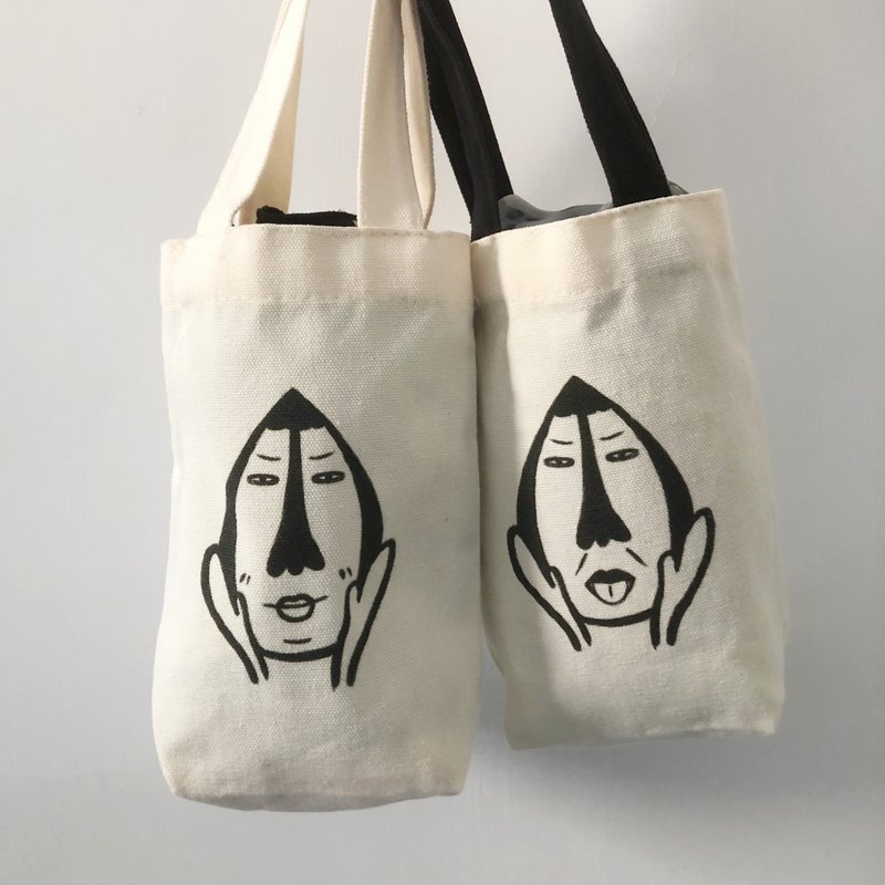 日常臉孔飲料袋 - 老人臉  文青插畫飲料袋・手繪插圖・手搖杯 - 手提包/手提袋 - 棉．麻 