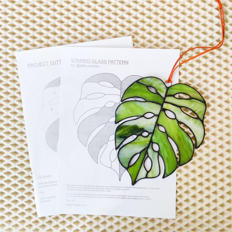 Stained glass monstera pattern, Stained glass pattern template, PDF - Other - Other Materials 
