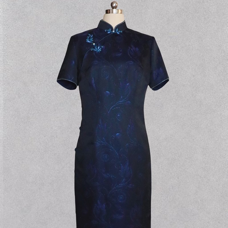 CHAELING Haute Couture Italian Wool Dark Blue Chinese Retro Cheongsam Dress - Qipao - Wool 