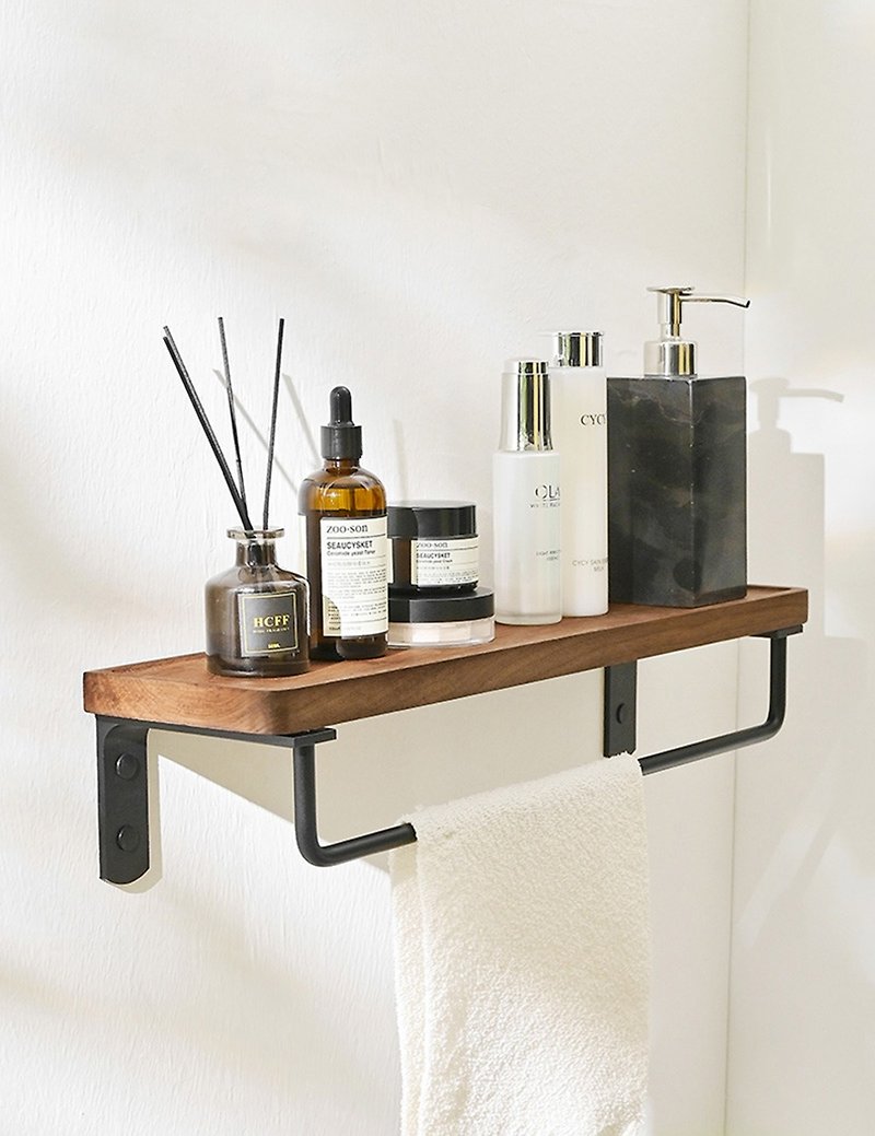 NEW Bathroom Shelves Wood Shelf Wall Mounted Hanging with Black Towel Bar - Shelves & Baskets - Wood 