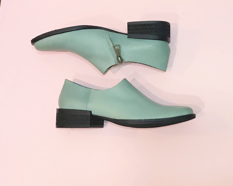 Zippered leather low heel shoes || Rothenburg midnight cruise green light elves || #8115 - Women's Leather Shoes - Genuine Leather Green