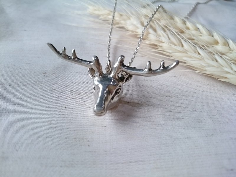 Forest Deer Handmade Custom 925 Sterling Silver Necklace Necklace Elk Deer Head Deer Silver Necklace - สร้อยคอ - เงินแท้ สีเงิน