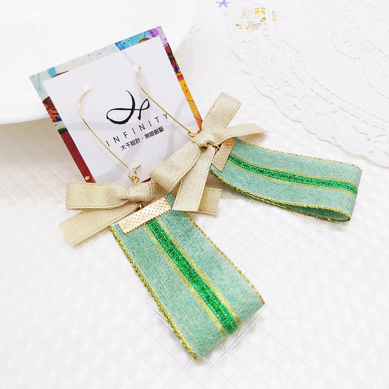 Handmade gold bow gold green ribbon can change clip earrings exchange gifts Valentine's Day - Earrings & Clip-ons - Cotton & Hemp Green