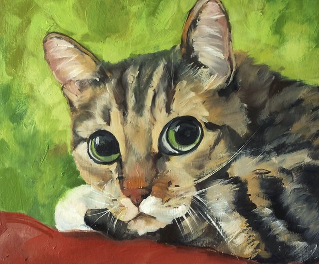 油絵　ネコ 猫のオリジナルアート 赤い猫の油絵 動物ペットの絵画 子猫の