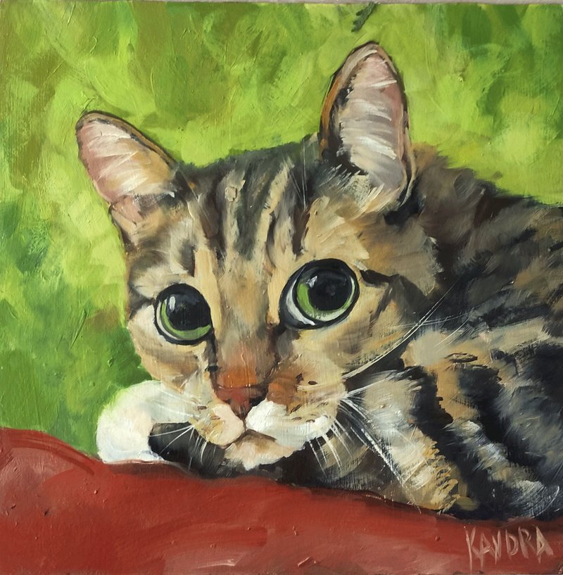 Cat Original Art Red Cat Oil Painting Animal Pet Painting Kitten Artwork - Wall Décor - Other Materials Green