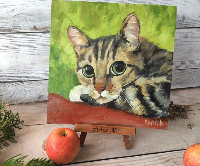 猫のオリジナルアート 赤い猫の油絵 動物ペットの絵画 子猫の