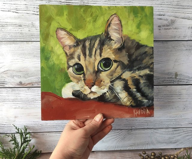 猫のオリジナルアート 赤い猫の油絵 動物ペットの絵画 子猫の