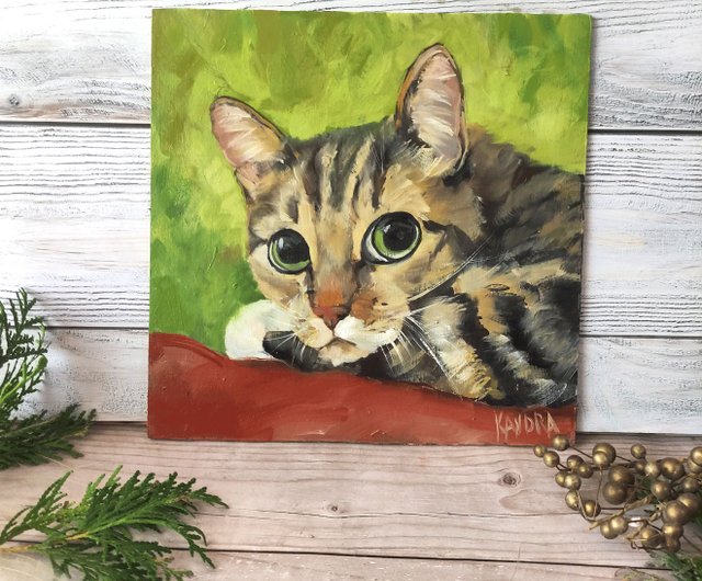 猫のオリジナルアート 赤い猫の油絵 動物ペットの絵画 子猫の