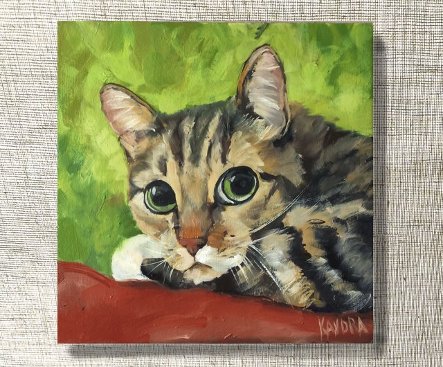 猫のオリジナルアート 赤い猫の油絵 動物ペットの絵画 子猫の