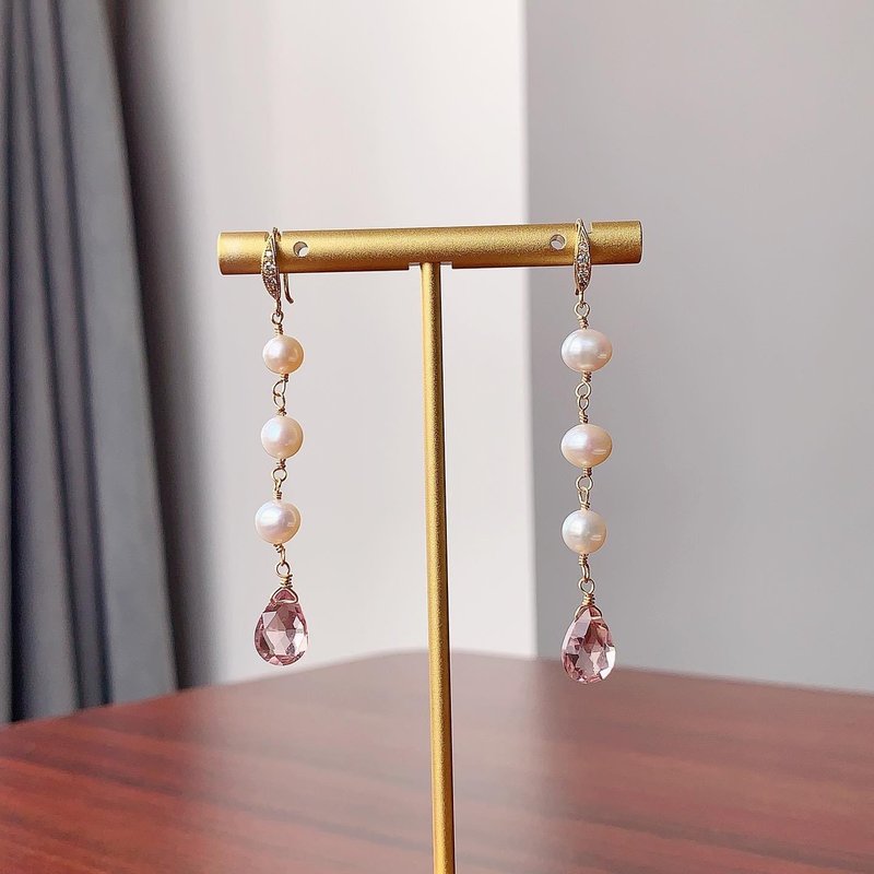 Yuan Cuèi - Freshwater Pearl, Natural Pink Stone, 14K Gold Infused Earrings - Earrings & Clip-ons - Semi-Precious Stones Pink