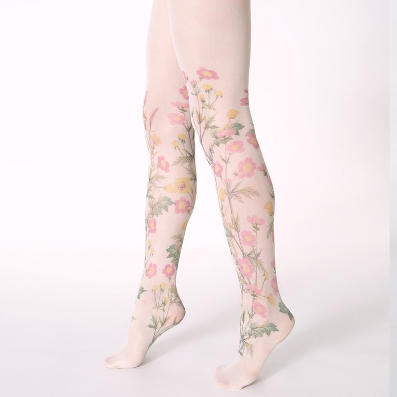 Pastel meadow floral pantyhose, nature lover fashion, flower outfit - 內搭褲/緊身褲 - 尼龍 白色