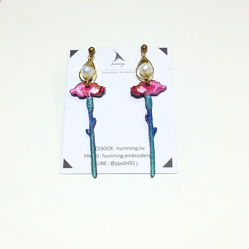 耳環 康乃馨 刺繡 耳夾 手工 珍珠 禮物 禮盒 生日 - 耳環/耳夾 - 繡線 