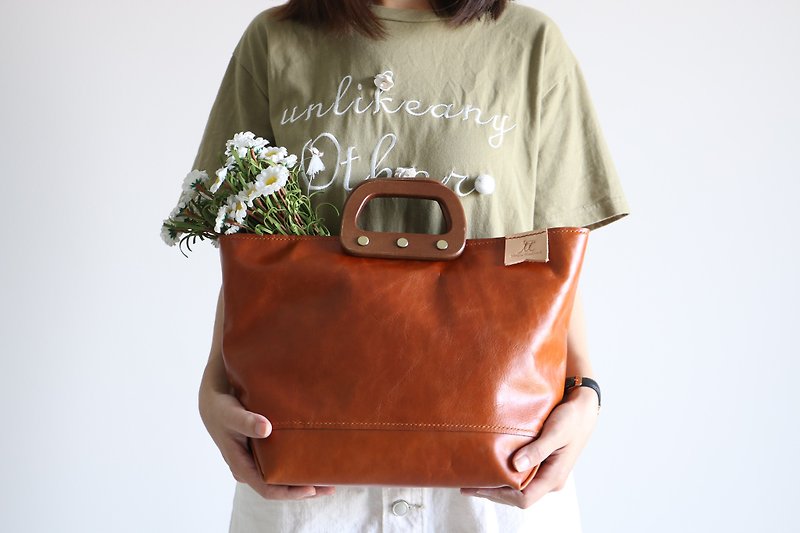 Mingen Handiwork spring and summer new original simple hand-sewn brown handbag PB18001 - Handbags & Totes - Genuine Leather Brown