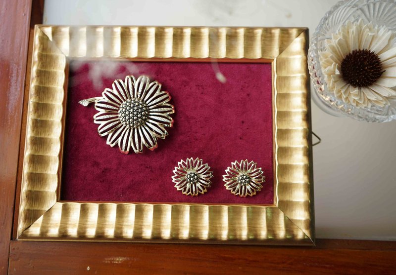 European groceries - delicate sunflower sunflower silver antique brooch earrings set - brooch - Brooches - Other Metals Silver