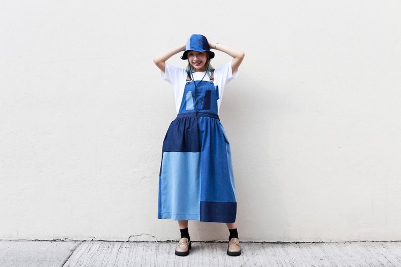 【Pinkoi x miffy】Miffy blue denim patchwork worker skirt - One Piece Dresses - Cotton & Hemp Blue