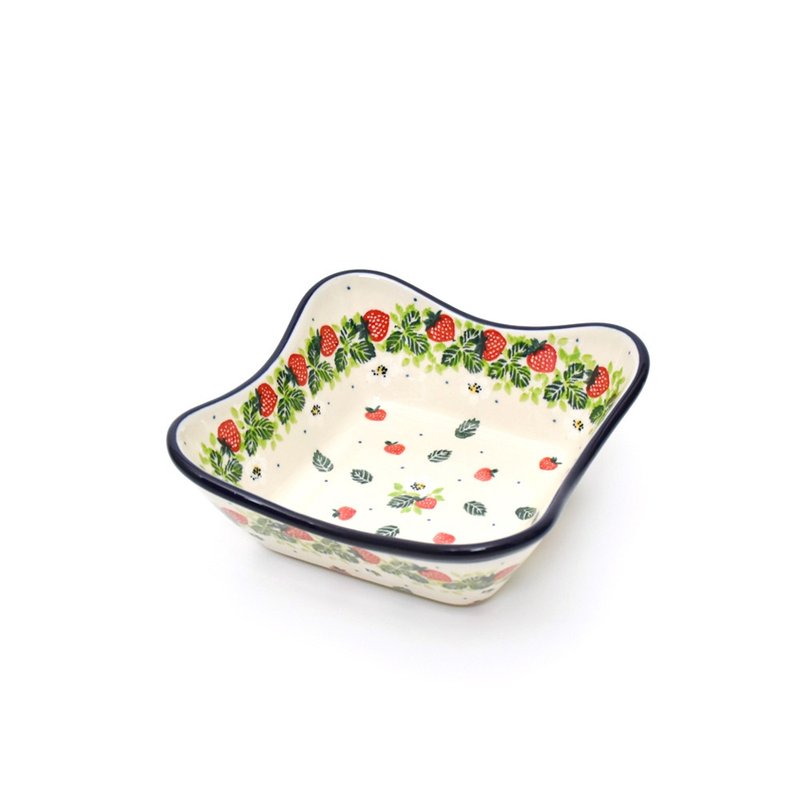 Handmade Polish pottery-square bowl with white flowers and strawberries - ถ้วยชาม - ดินเผา 