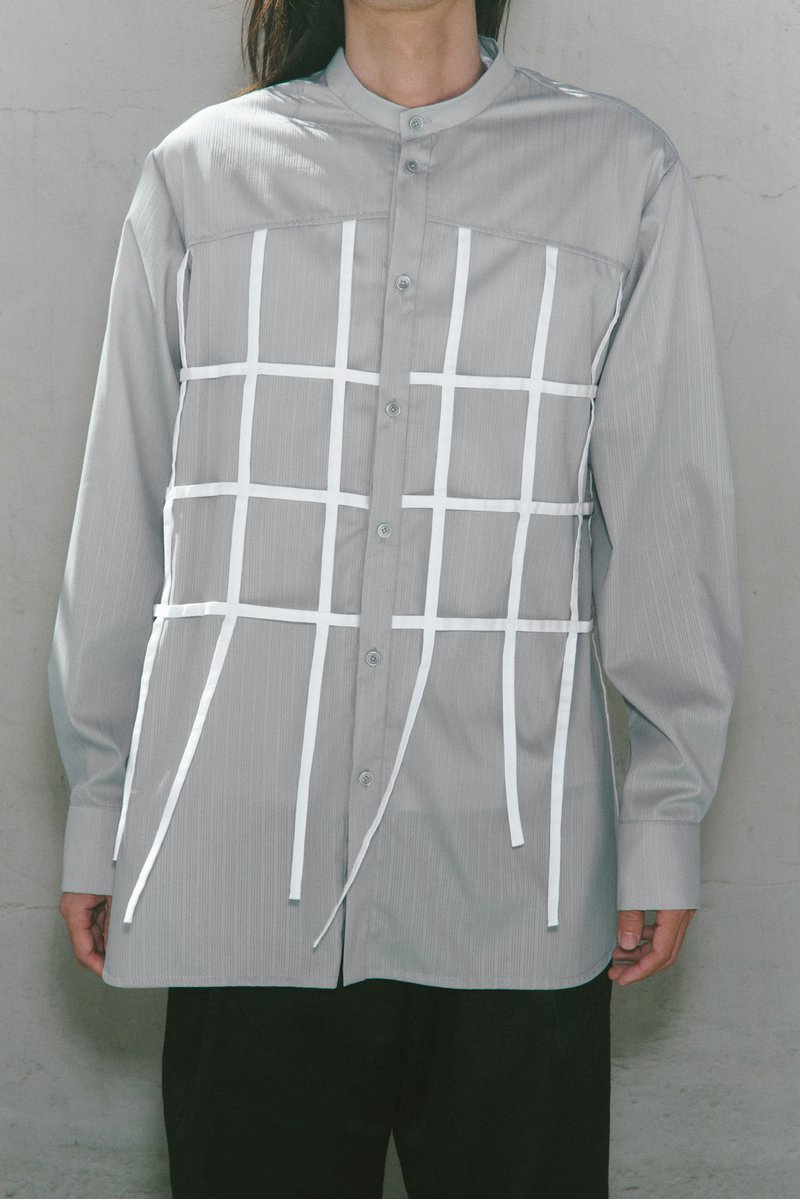 stand collar pane shirt - Men's Shirts - Other Man-Made Fibers Gray