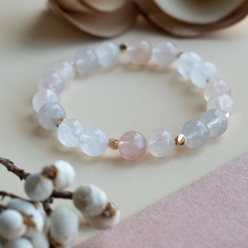 Pastel Rabbit Hair Rutilated Quartz genuine gemstones stretch bracelet GF gift - สร้อยข้อมือ - คริสตัล สึชมพู