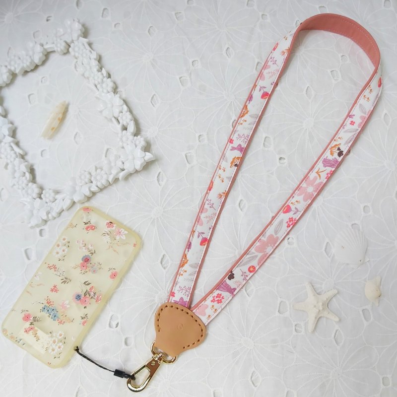 Rose pink Y-shaped decompression two-color Korean fabric leather mobile phone neck lanyard - เชือก/สายคล้อง - ผ้าฝ้าย/ผ้าลินิน สึชมพู