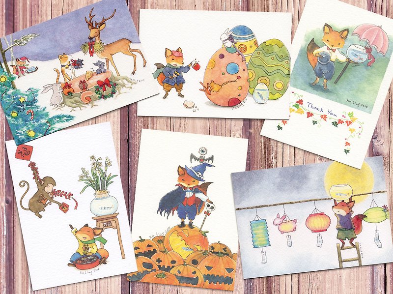 小さなキツネとお祭りの水彩イラストのポストカード 6 枚セット - カード・はがき - 紙 