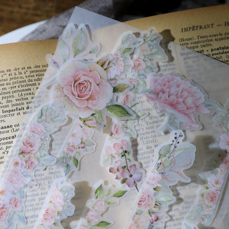 Light pink small rose retro notebook material translucent cut-out sticker tracing paper/sulfuric acid paper - Stickers - Paper Pink