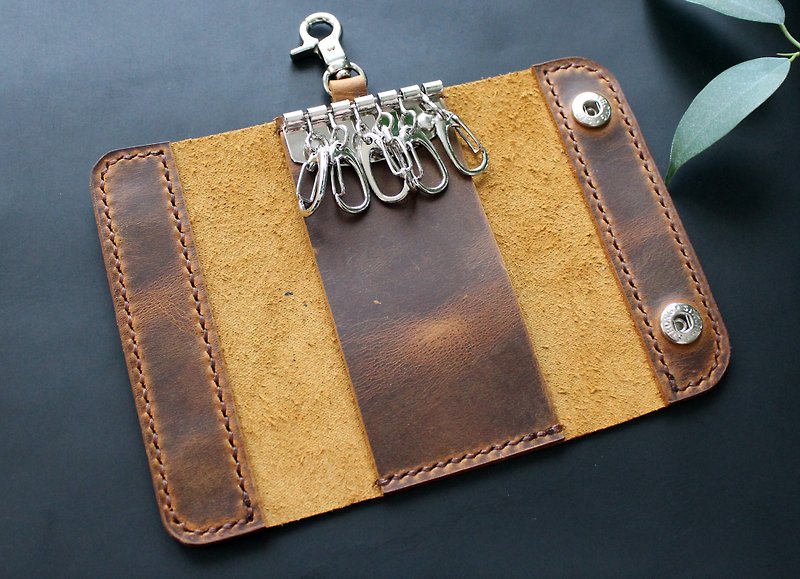 Real Leather key case, leather key wallet with hooks for 6 keys key chain - 鑰匙圈/鑰匙包 - 真皮 咖啡色