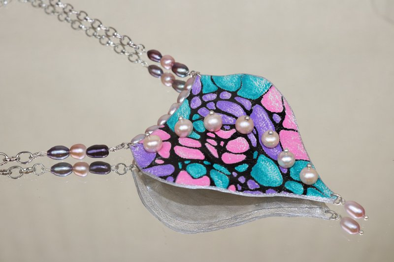 Necklace unique art, Inspiration, hand-painted - Necklaces - Genuine Leather Multicolor