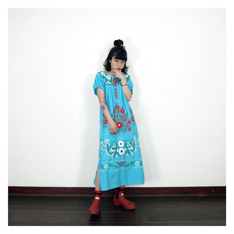 ‧PRANK：ドリー::ヴィンテージヴィンテージアクアブルーメキシコ刺繍ドレス（D804038） - ワンピース - コットン・麻 ブルー