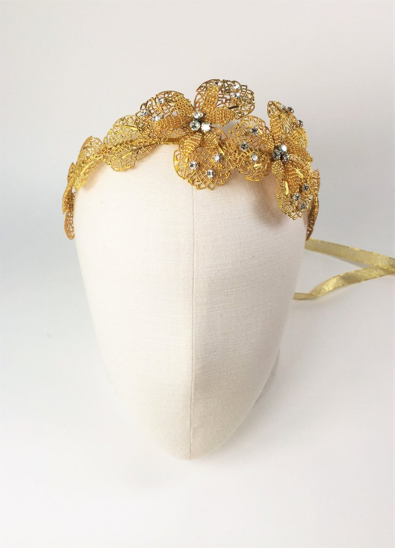 Wedding gold flower tiara crown, Bridal gold headband Pansy flower - Hair Accessories - Other Metals Gold