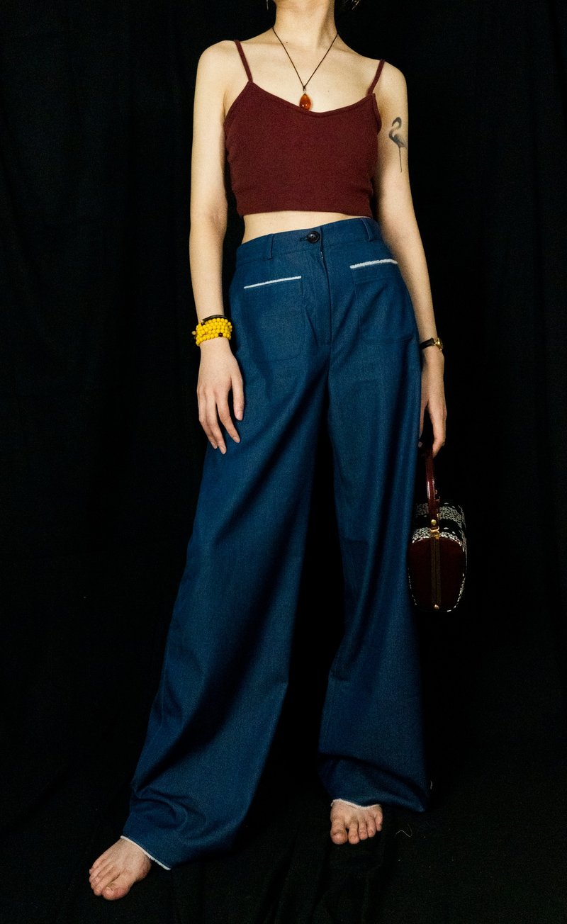 High-waisted raw-hem cotton jeans - กางเกงขายาว - ผ้าฝ้าย/ผ้าลินิน สีน้ำเงิน