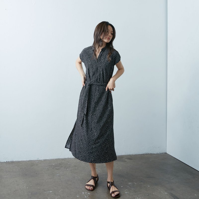 Long slit hem dress- dot print - One Piece Dresses - Other Man-Made Fibers Black