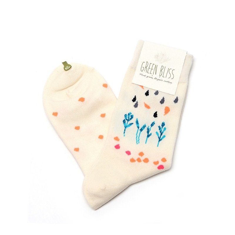 GREEN BLISS Organic Cotton Socks - [Joint Series] MiA - Spring rain1 Spring Rain (Light Blue Flower) Stockings (M / D) - ถุงเท้า - ผ้าฝ้าย/ผ้าลินิน ขาว