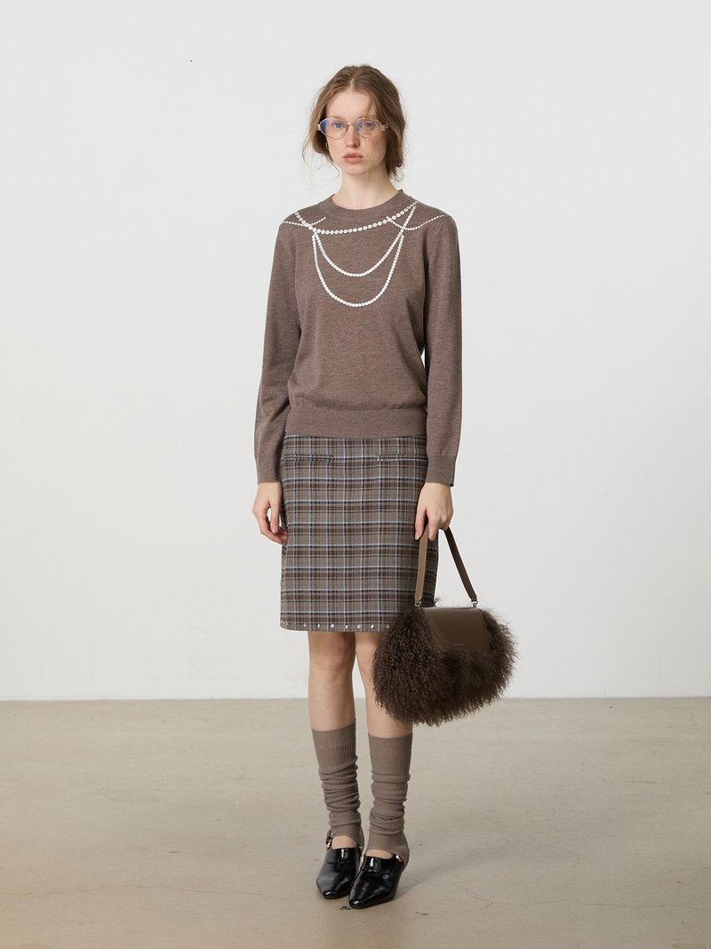 Retro Brown Plaid Hand-Studded Straight Skirt - Skirts - Cotton & Hemp Brown