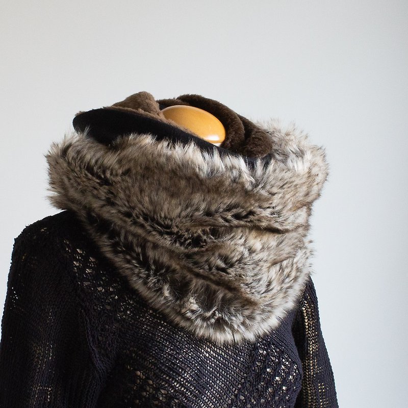 PSNY Greige, Eco-Fur, Cashmere, and Black Snood - Knit Scarves & Wraps - Other Man-Made Fibers Gray