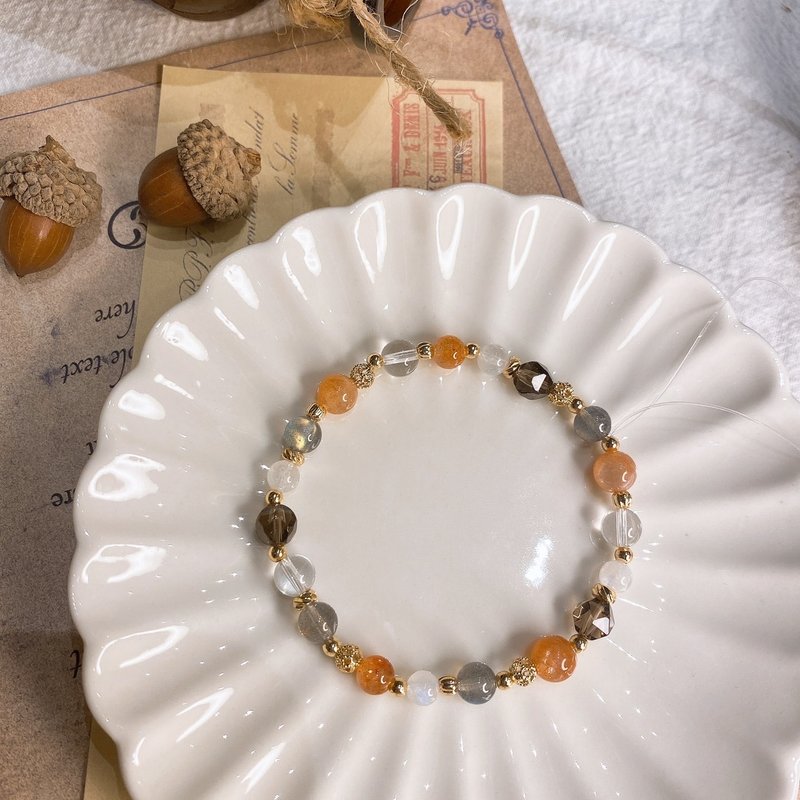 Autumn Orange Moonstone Gold Sun Labradorite Citrine White Crystal Natural Stone Elastic Bracelet Bracelet - สร้อยข้อมือ - คริสตัล สีส้ม