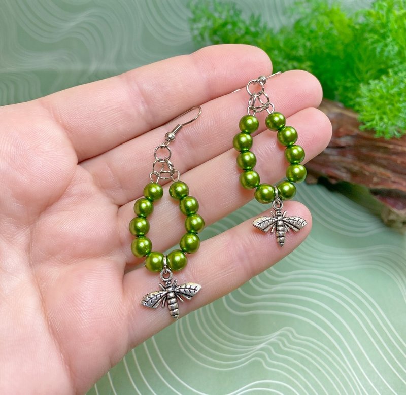 Earrings with green flies. Handmade jewelry. - Earrings & Clip-ons - Other Materials 