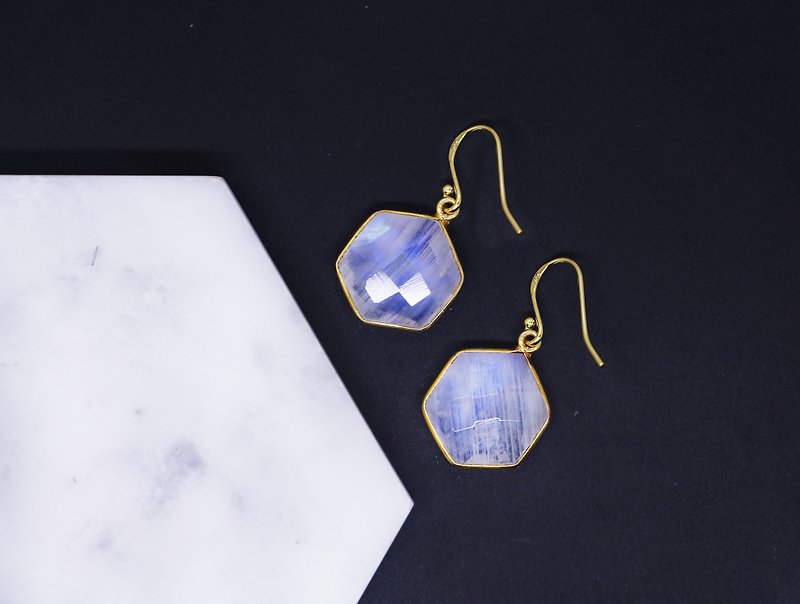 Edith & Jaz • Hexagon Rainbow Moon Stone Silver Earrings - Earrings & Clip-ons - Gemstone White