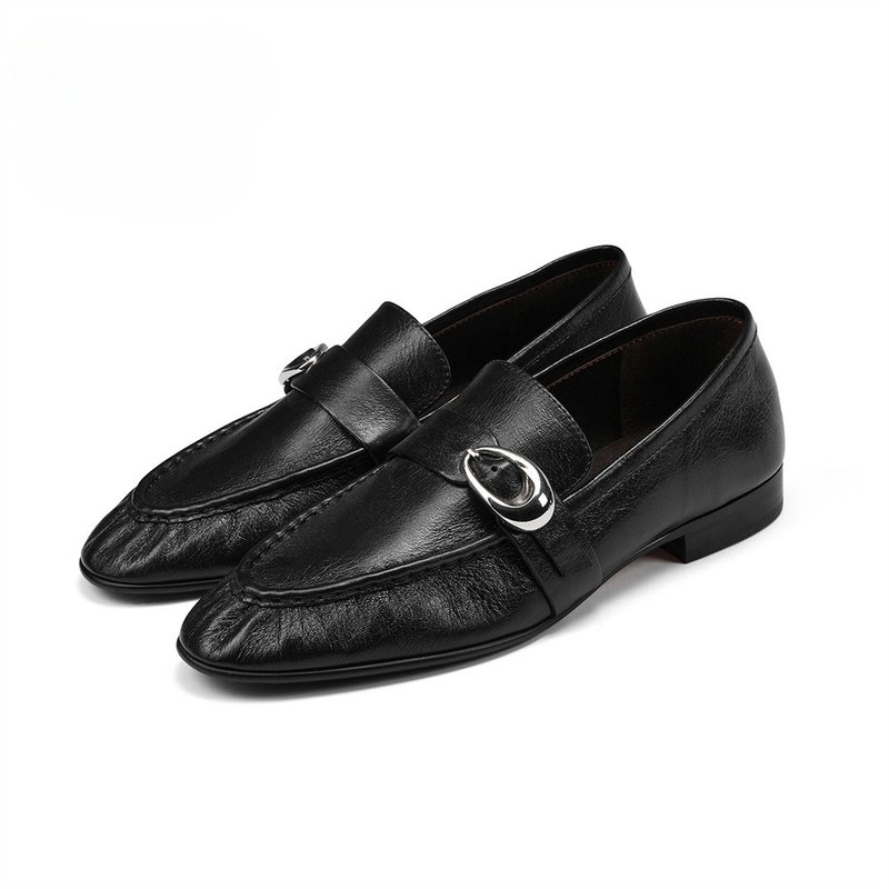 Black lazy loafers with horse leather lining and sheepskin pointed toe genuine leather shoes 35-39 - รองเท้าหนังผู้หญิง - หนังแท้ สีดำ