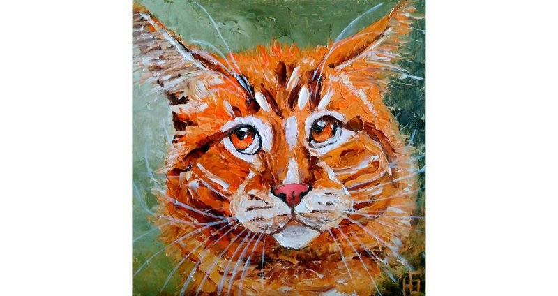 Red Cat Painting Original, Funny Pet Portrait, Ginger Cat Wall Art, Animalistic - 海報/掛畫/掛布 - 其他材質 橘色