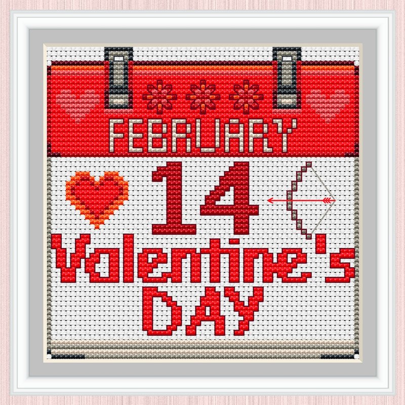 Valentine's Day Cross Stitch Pattern | February 14 | Calendar Sheet | - 手工藝教學/工具書 - 其他材質 