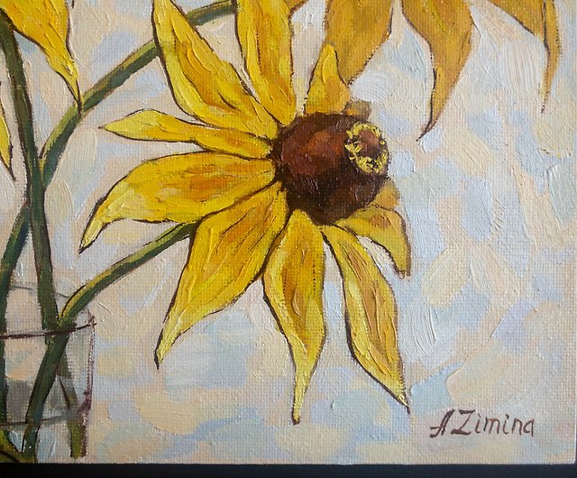 花の絵オリジナルの花の油絵黄色い花の壁掛け - ショップ Oil 
